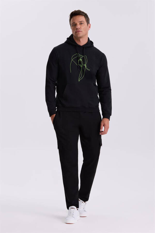 Siyah Slim Fit Kapüşonlu Baskılı %100 Pamuk Sweatshirt - 1