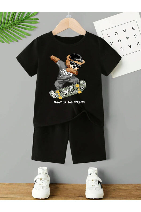 Skateboarding Bear Black Kids Shorts T-shirt Set - 1