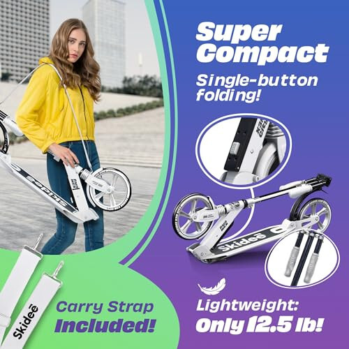 Skidee Scooter for Adults and Teens – Adjustable Height, Kids Scooter, Folding Scooter, Large Sturdy Wheels for Smooth Ride, Lightweight, Durable, Anti-Shock Suspension, Outdoor Toys, up to 220 lbs - 4