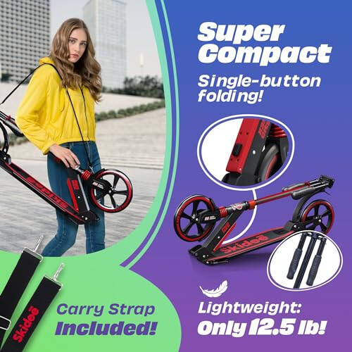 Skidee Scooter for Adults and Teens – Adjustable Height, Kids Scooter, Folding Scooter, Large Sturdy Wheels for Smooth Ride, Lightweight, Durable, Anti-Shock Suspension, Outdoor Toys, up to 220 lbs - 4