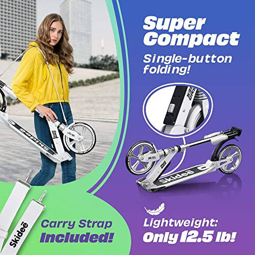 Skidee Yetişkin ve Gençler İçin Scooter - Ayarlanabilir Yükseklik, Çocuk Scooter, Katlanabilir Scooter, Düz Sürüş İçin Büyük Sağlam Tekerlekler, Hafif, Dayanıklı, Anti-Şok Süspansiyon, Açık Hava Oyuncakları, 220 lbs'ye Kadar - 9