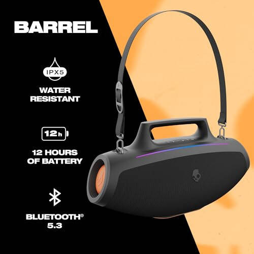 Skullcandy Barrel Bluetooth Boombox Karnay – Suvga Chidamli Simsiz Ko'chma Karnay, LED Yorug'lik Shoushi Rejimi, 12 soatlik Batareya, Ko'p Bog'lanish va USB-C & USB-A Chiqish Zaryadlash bilan - 2