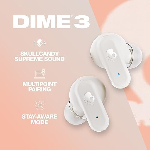 Skullcandy Dime 3 In-Ear Wireless Earbuds, 20 Hr Battery, Microphone, Works with iPhone Android and Bluetooth Devices - Bone/Orange Glow - 2