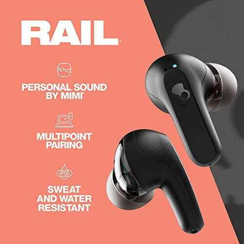 Skullcandy Rail Quloq ichki simsiz quloqchinlari, 42 soat batareya, Skull-iQ, Alexa bilan ishlaydi, Mikrofon, iPhone Android va Bluetooth qurilmalari bilan ishlaydi - Qora - 2