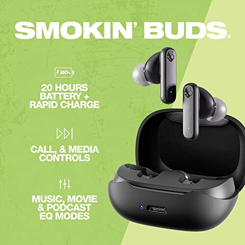 Skullcandy Smokin' Buds Quloq ichiga kiyiladigan Simsiz Quloqchinlar, 20 soatlik Batareya, 50% Qayta Tiklangan Plastik, Mikrofon, iPhone Android va Bluetooth Qurilmalari bilan Ishlaydi - Qora - 2