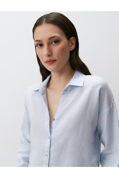 Sky Blue Long Sleeve Basic Linen Shirt - 17