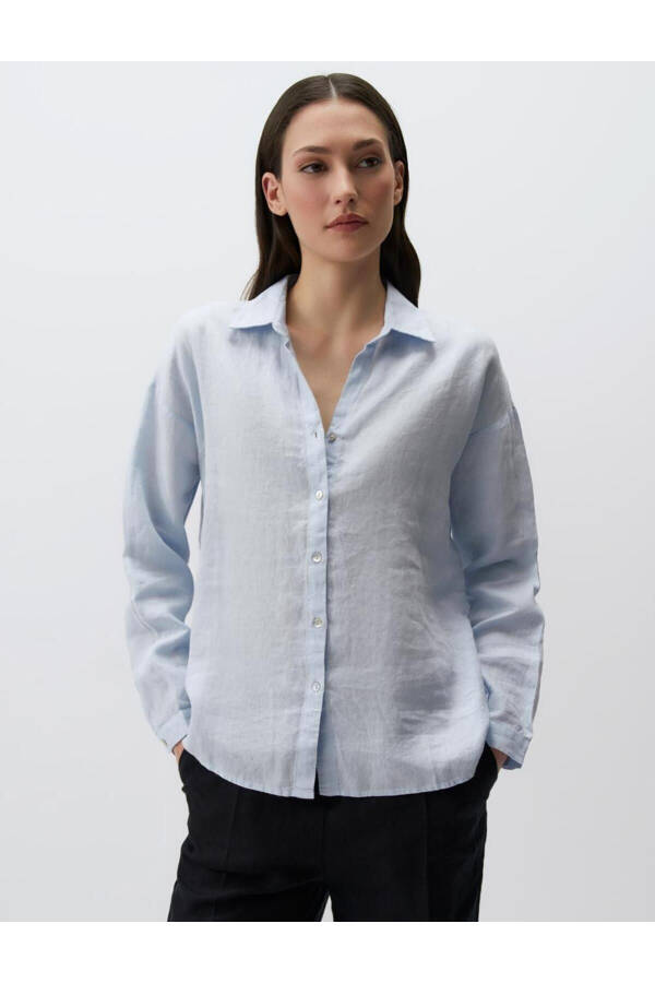 Sky Blue Long Sleeve Basic Linen Shirt - 7