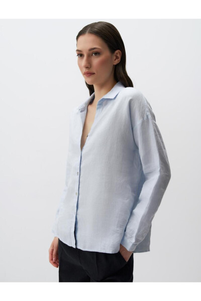 Sky Blue Long Sleeve Basic Linen Shirt - 10