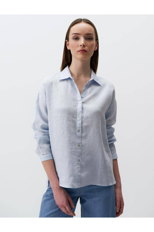 Sky Blue Long Sleeve Basic Linen Shirt - 19