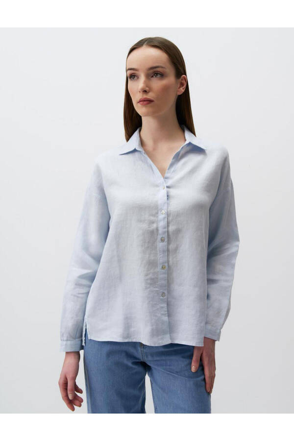 Sky Blue Long Sleeve Basic Linen Shirt - 21