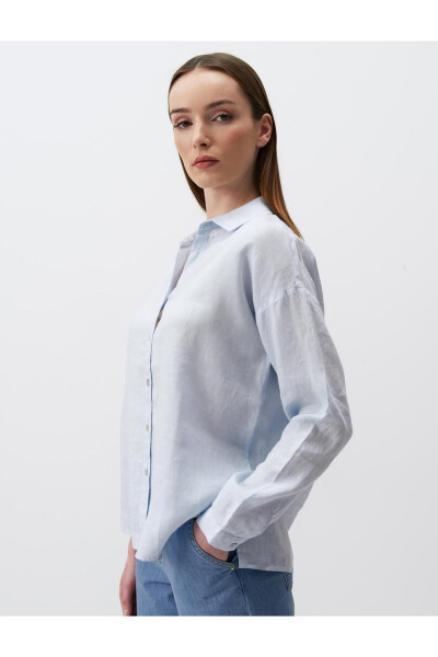 Sky Blue Long Sleeve Basic Linen Shirt - 23