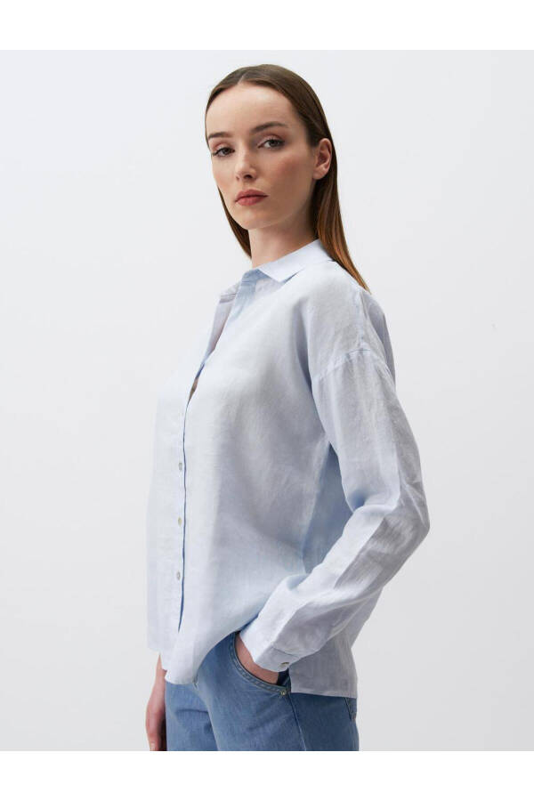 Sky Blue Long Sleeve Basic Linen Shirt - 23