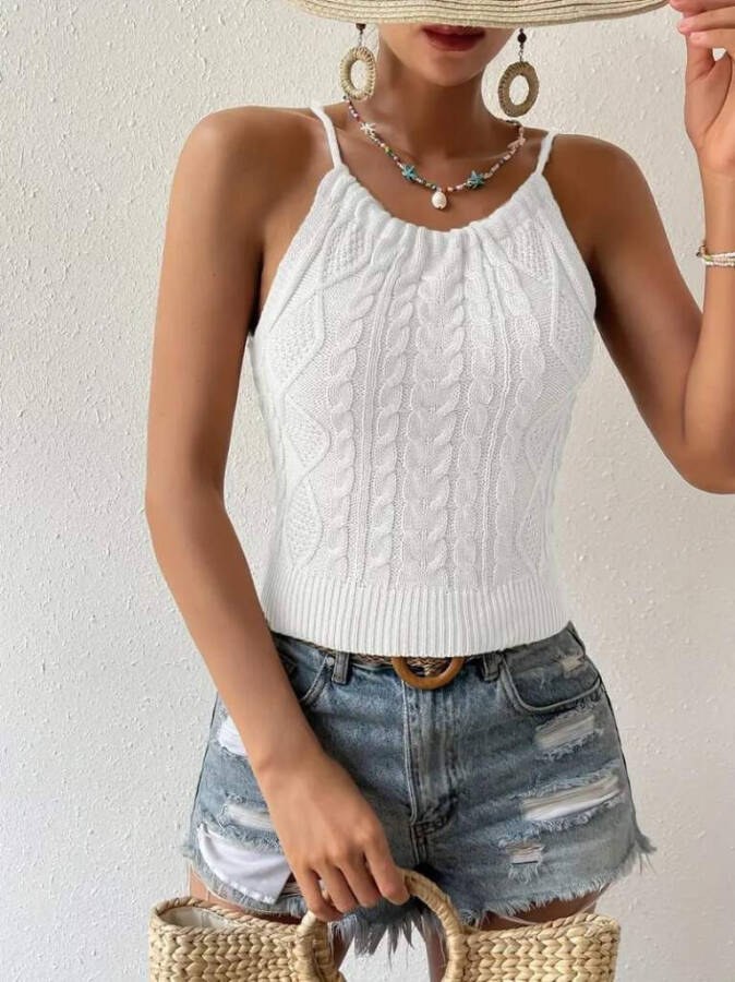 Sleeveless, back cutout, strap detail knit top - 1