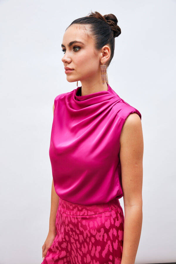 Sleeveless Blouse with Drape Detail - FUCHSIA - 2