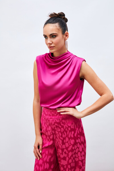 Sleeveless Blouse with Drape Detail - FUCHSIA - 4