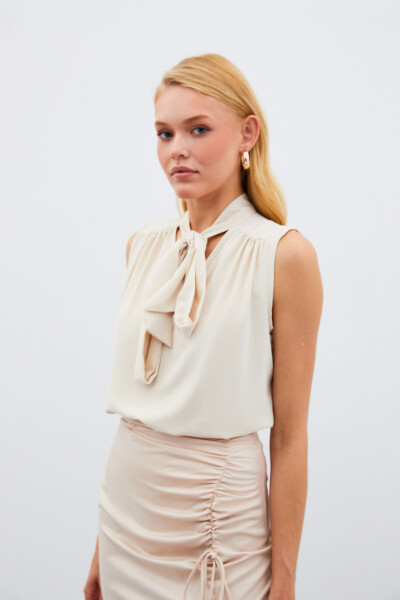 Sleeveless Blouse with Scarf - Beige - 2