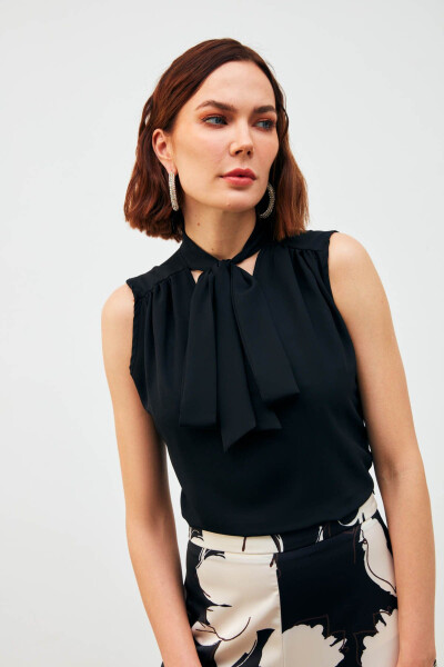 Sleeveless Blouse with Scarf - Black - 2