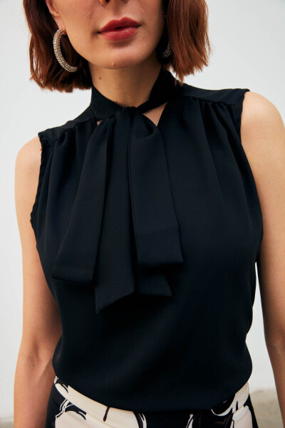 Sleeveless Blouse with Scarf - Black - 6