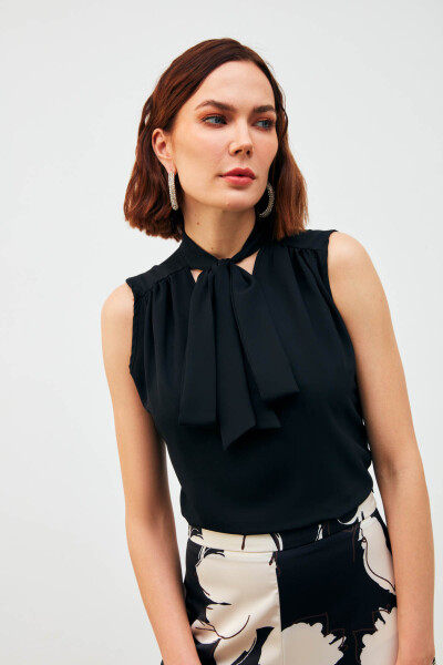 Sleeveless Blouse with Scarf - Black - 9