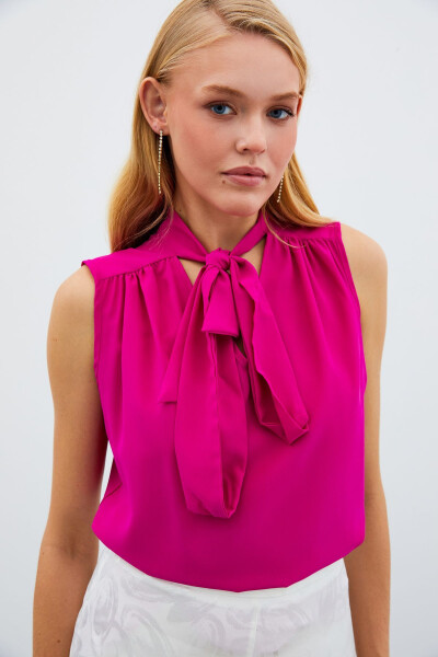 Sleeveless Blouse with Scarf - Fuchsia - 1