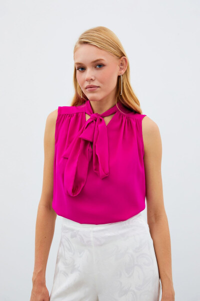 Sleeveless Blouse with Scarf - Fuchsia - 2