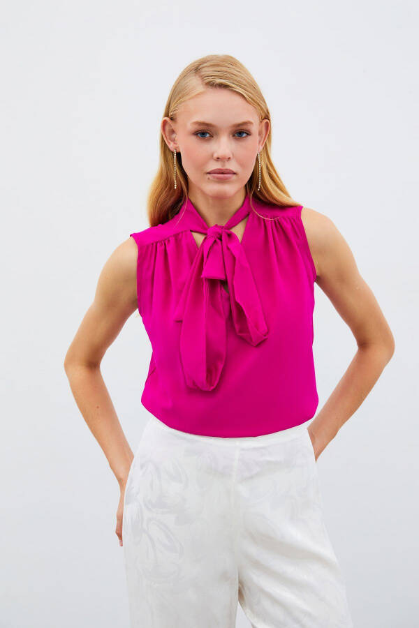 Sleeveless Blouse with Scarf - Fuchsia - 3