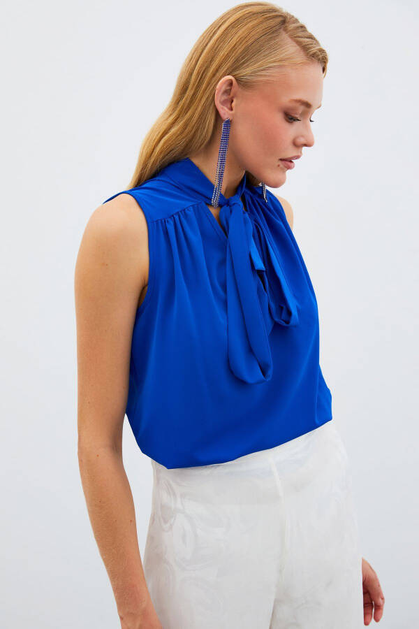 Sleeveless Blouse with Scarf - Sax Blue - 1