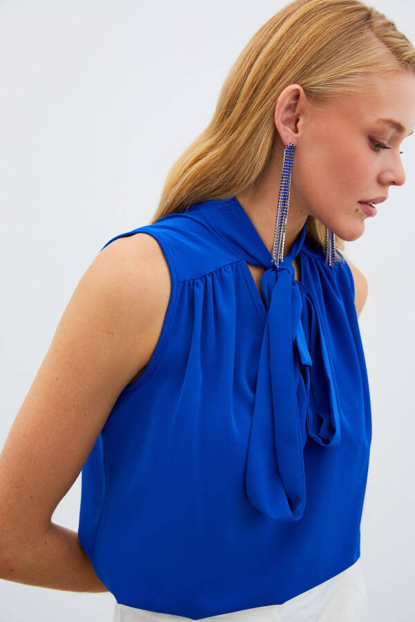 Sleeveless Blouse with Scarf - Sax Blue - 3