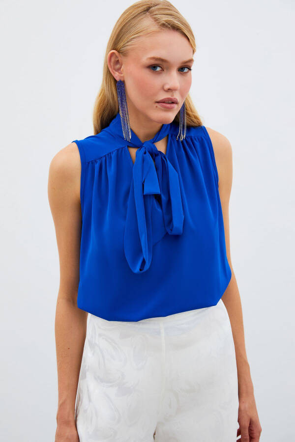 Sleeveless Blouse with Scarf - Sax Blue - 4