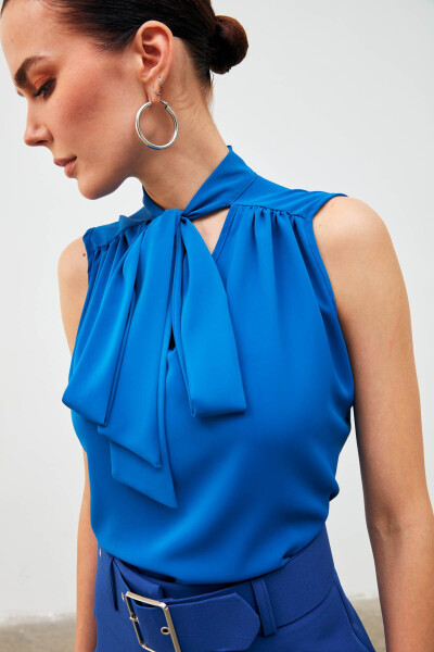 Sleeveless Blouse with Scarf - Sax Blue - 13