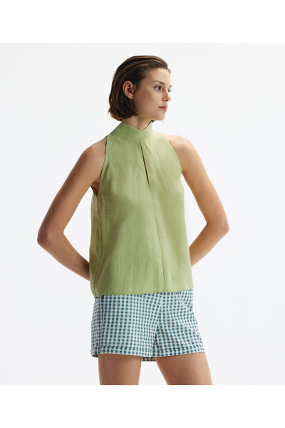 Sleeveless Button-Up Blouse with Stand Collar - 1