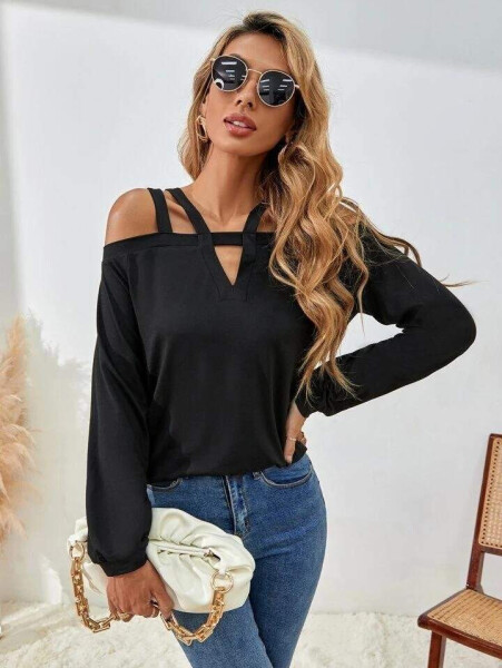 Sleeveless, shoulder and chest neckline, long sleeve, viscose blouse. - 1