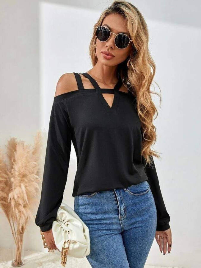 Sleeveless, shoulder and chest neckline, long sleeve, viscose blouse. - 6