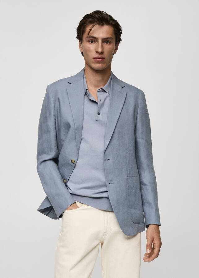 Slim fit, 100% linen, sky blue blazer jacket - 6