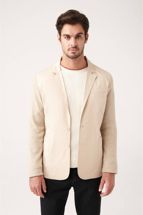 Slim fit, beige, single breasted, unlined, knitted detail jacket. - 6