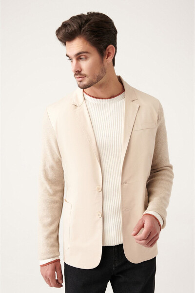 Slim fit, beige, single breasted, unlined, knitted detail jacket. - 7