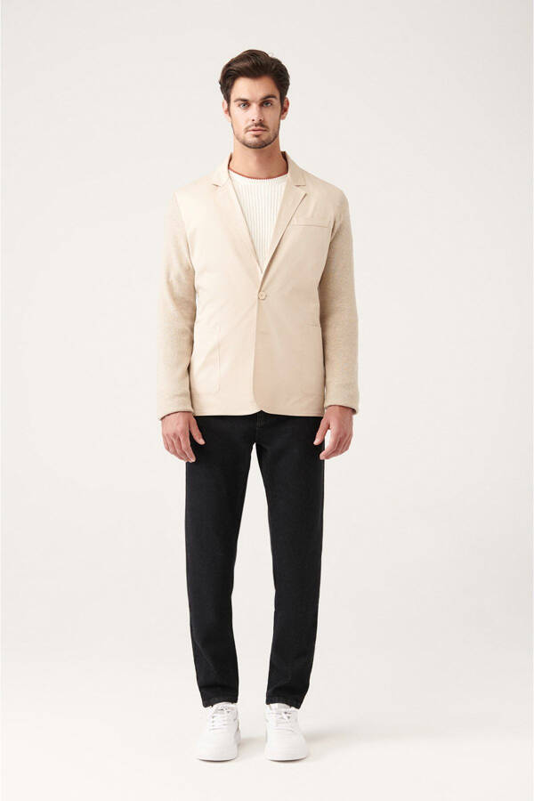 Slim fit, beige, single breasted, unlined, knitted detail jacket. - 9