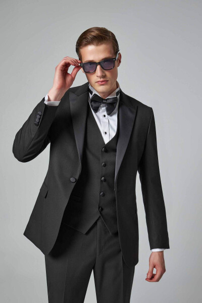 Slim Fit Black Armored Viscose Blend Groom Suit & Tuxedo Set with Vest - 5