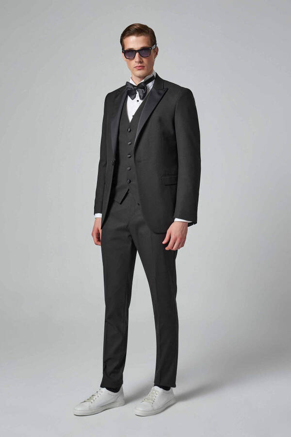 Slim Fit Black Armored Viscose Blend Groom Suit & Tuxedo Set with Vest - 6