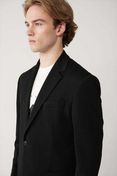 Slim fit, black, mono collar, lined, split, jersey fabric jacket. - 2