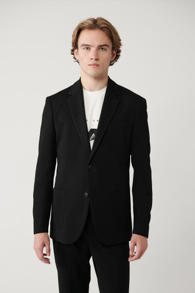 Slim fit, black, mono collar, lined, split, jersey fabric jacket. - 3