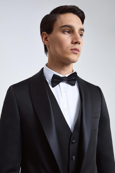 Slim Fit Black Plain Groom & Tuxedo Suit with Vest - 8