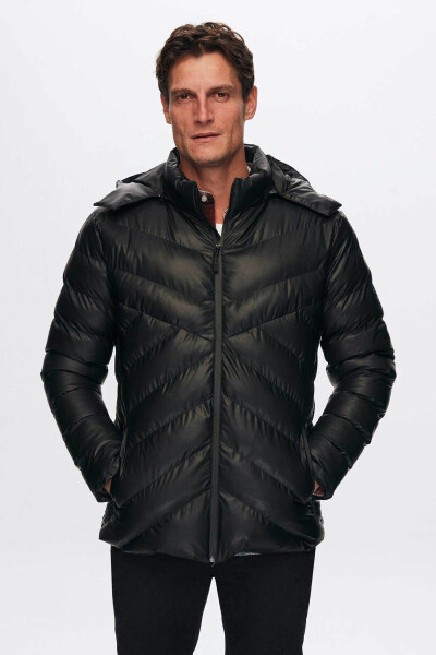 Slim Fit Black Water-Repellent Windproof Fiber-Filled Leather-Look Detachable Hooded Jacket - 29