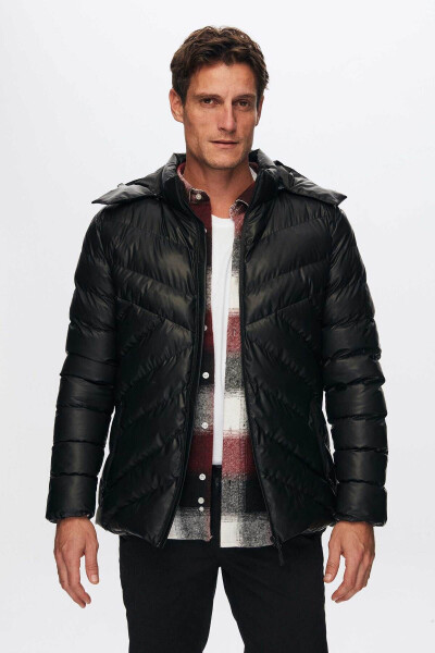 Slim Fit Black Water-Repellent Windproof Fiber-Filled Leather-Look Detachable Hooded Jacket - 30