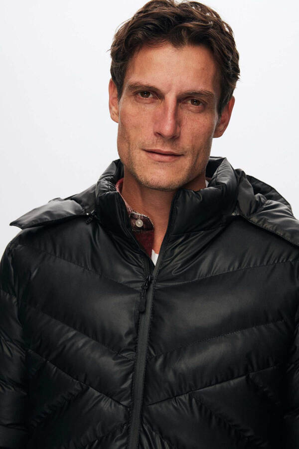 Slim Fit Black Water-Repellent Windproof Fiber-Filled Leather-Look Detachable Hooded Jacket - 31