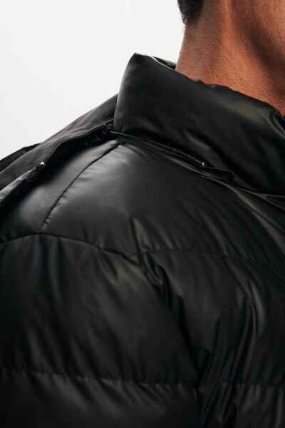 Slim Fit Black Water-Repellent Windproof Fiber-Filled Leather-Look Detachable Hooded Jacket - 25