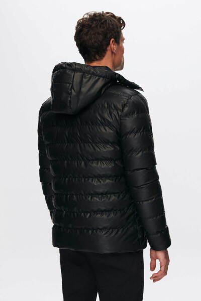 Slim Fit Black Water-Repellent Windproof Fiber-Filled Leather-Look Detachable Hooded Jacket - 26