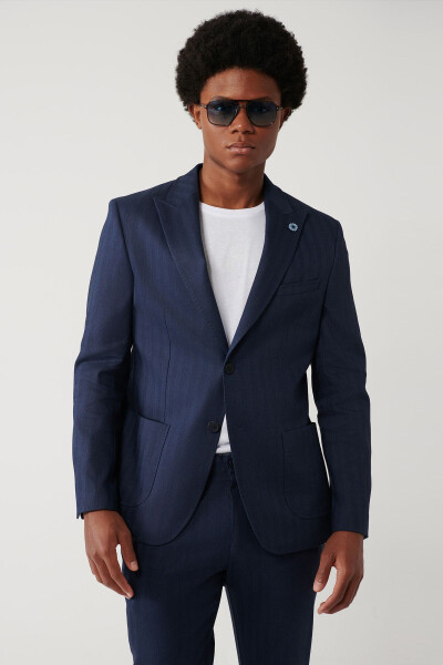 Slim fit, comfortable, pocket, linen blend, navy blue, swallow collar, unlined, stretch jacket. - 1