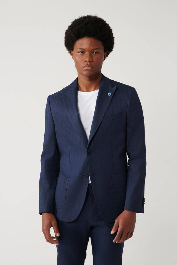 Slim fit, comfortable, pocket, linen blend, navy blue, swallow collar, unlined, stretch jacket. - 3