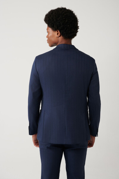 Slim fit, comfortable, pocket, linen blend, navy blue, swallow collar, unlined, stretch jacket. - 4